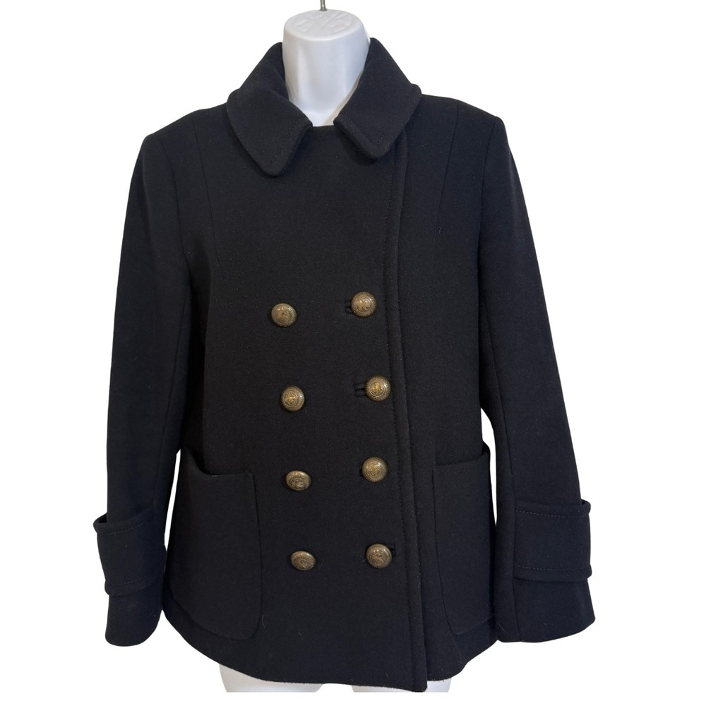 French Connection Black Wool Pea Coat Womens 8 Military Double Breasted Gold